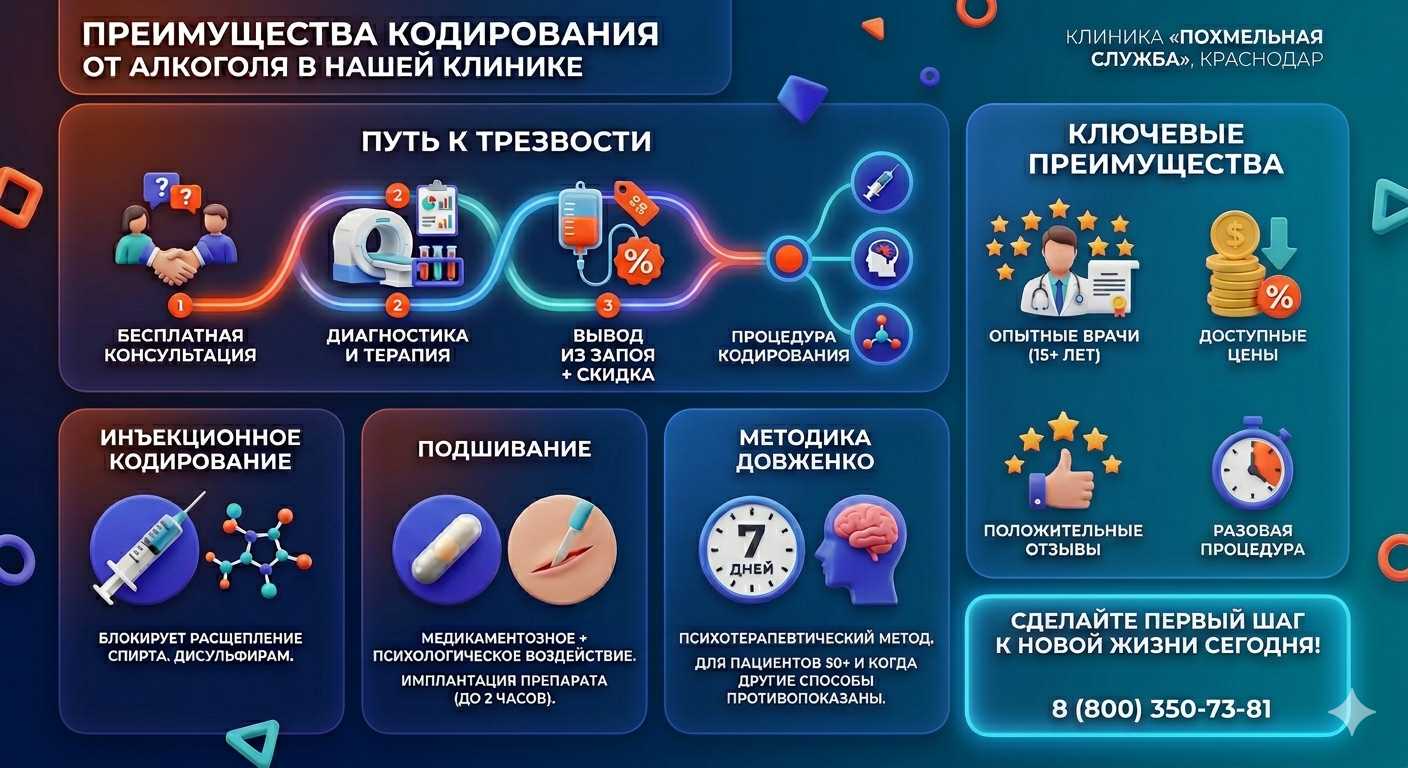 Инфографика о методах кодирования от алкоголя в Железногорске: инъекции, подшивание, метод Довженко. Преимущества клиники и этапы лечения.