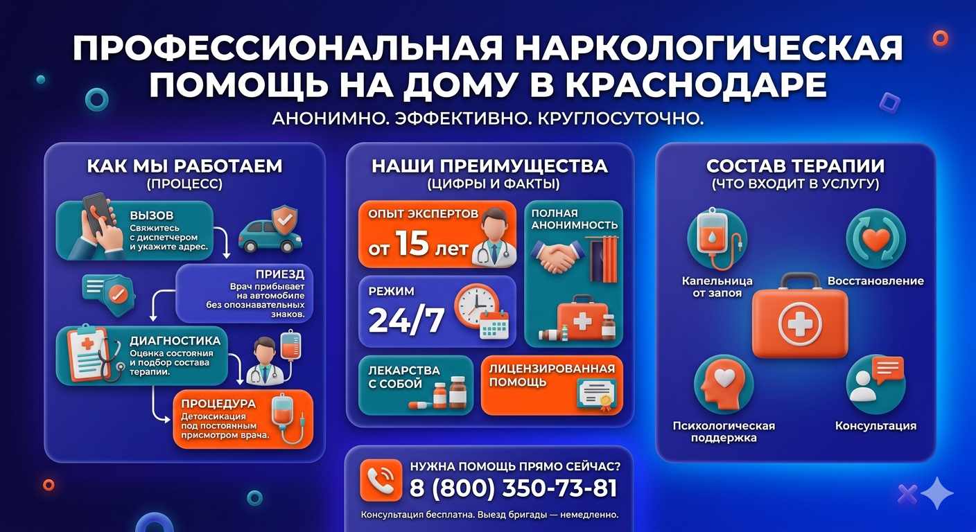 Инфографика о принципах лечения алкоголизма на дому в Железногорске: этапы вызова нарколога, преимущества анонимной детоксикации и состав медицинской помощи.
